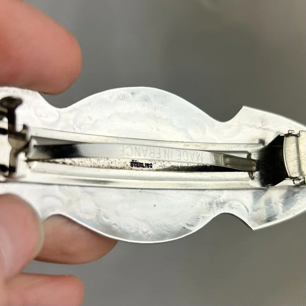 Sterling 925 Silver, Stamped Hair Clip w/ Rose Quartz Cabochons 3.75